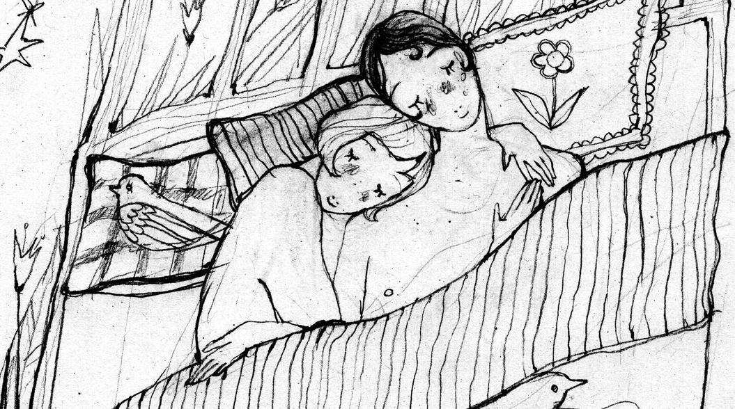 a drawing of two women sleeping in bed together